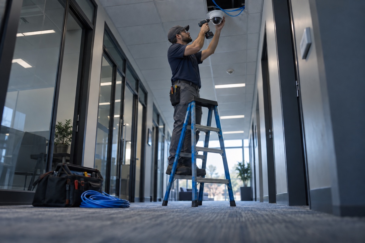 An installer on a ladder mounting a white dome security camera to an office hallway ceiling