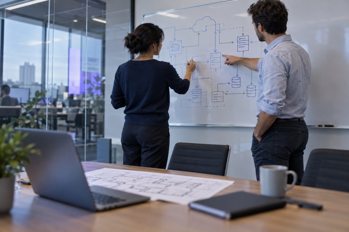 Two colleagues planning at a whiteboard covered in sticky notes