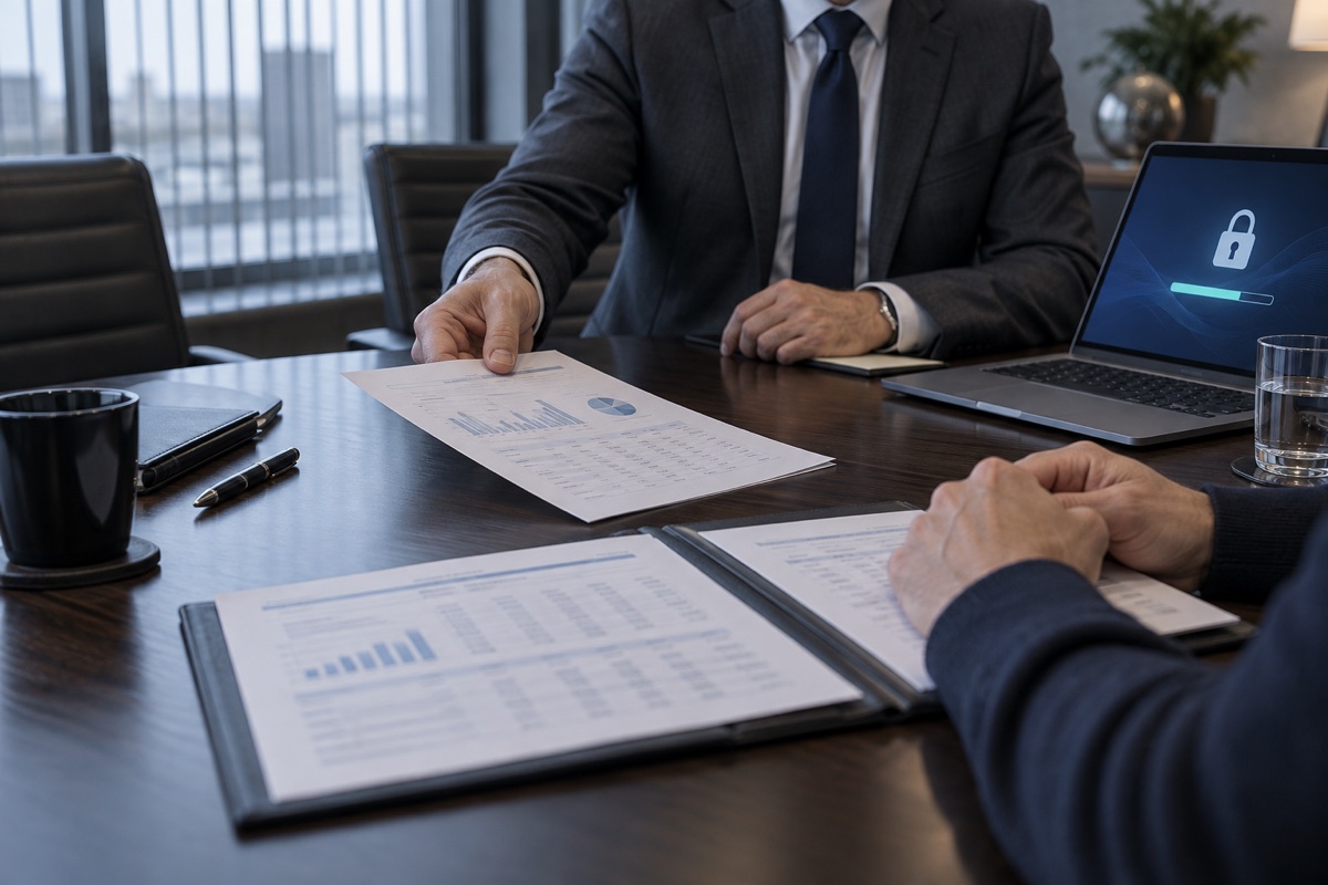 An advisor reviewing printed documents with a client at a desk