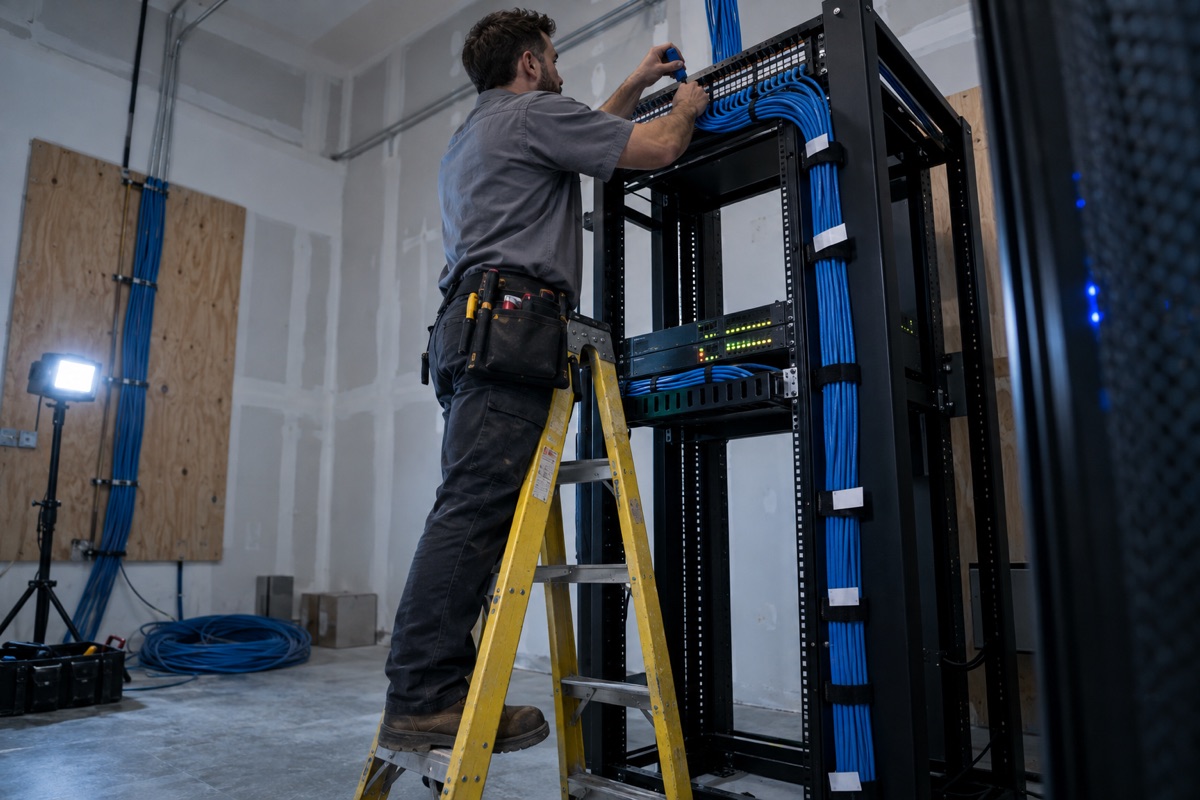 A technician's hands plugging patch cables into a network switch in a rack