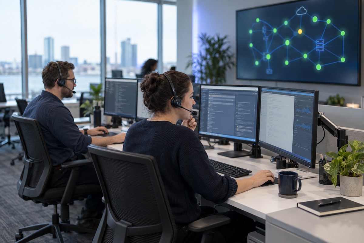 A helpdesk team wearing headsets working at laptops in an open office