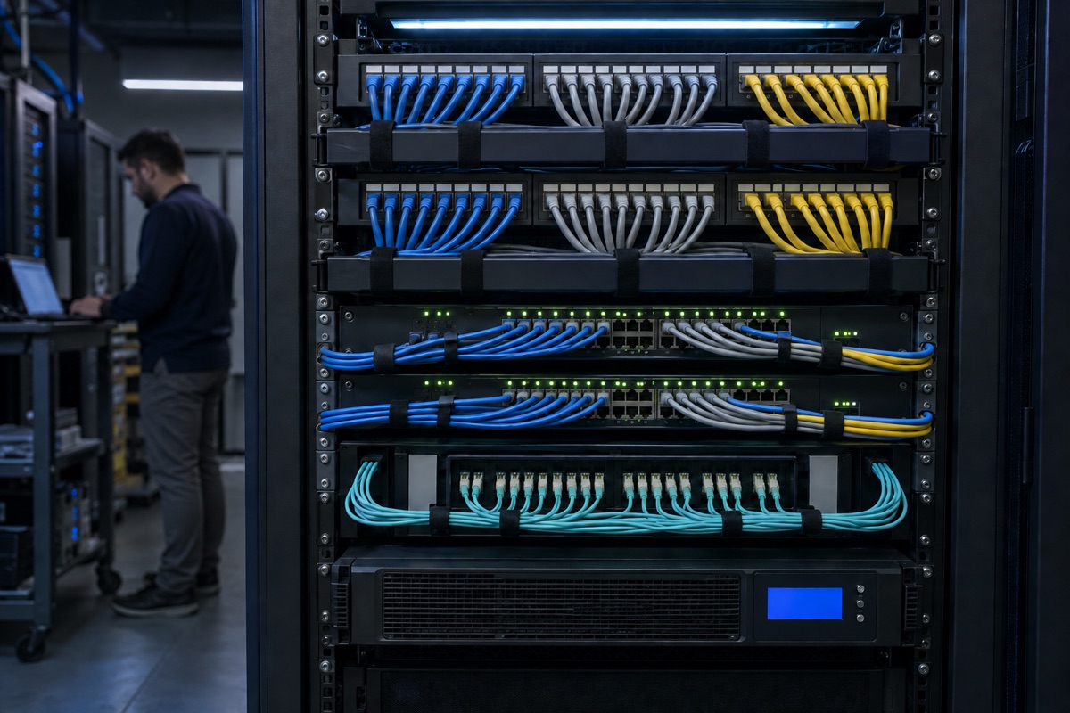 A technician on a ladder terminating blue network cables into a patch panel above two network switches in a rack