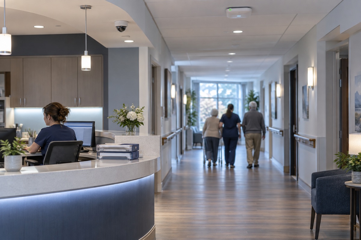 A caregiver serving tea to residents in a bright senior living lounge