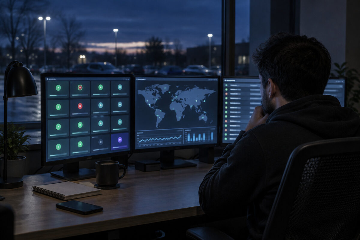 A security analyst seen from behind, reviewing three monitors of status tiles and a world map in a dark office before dawn